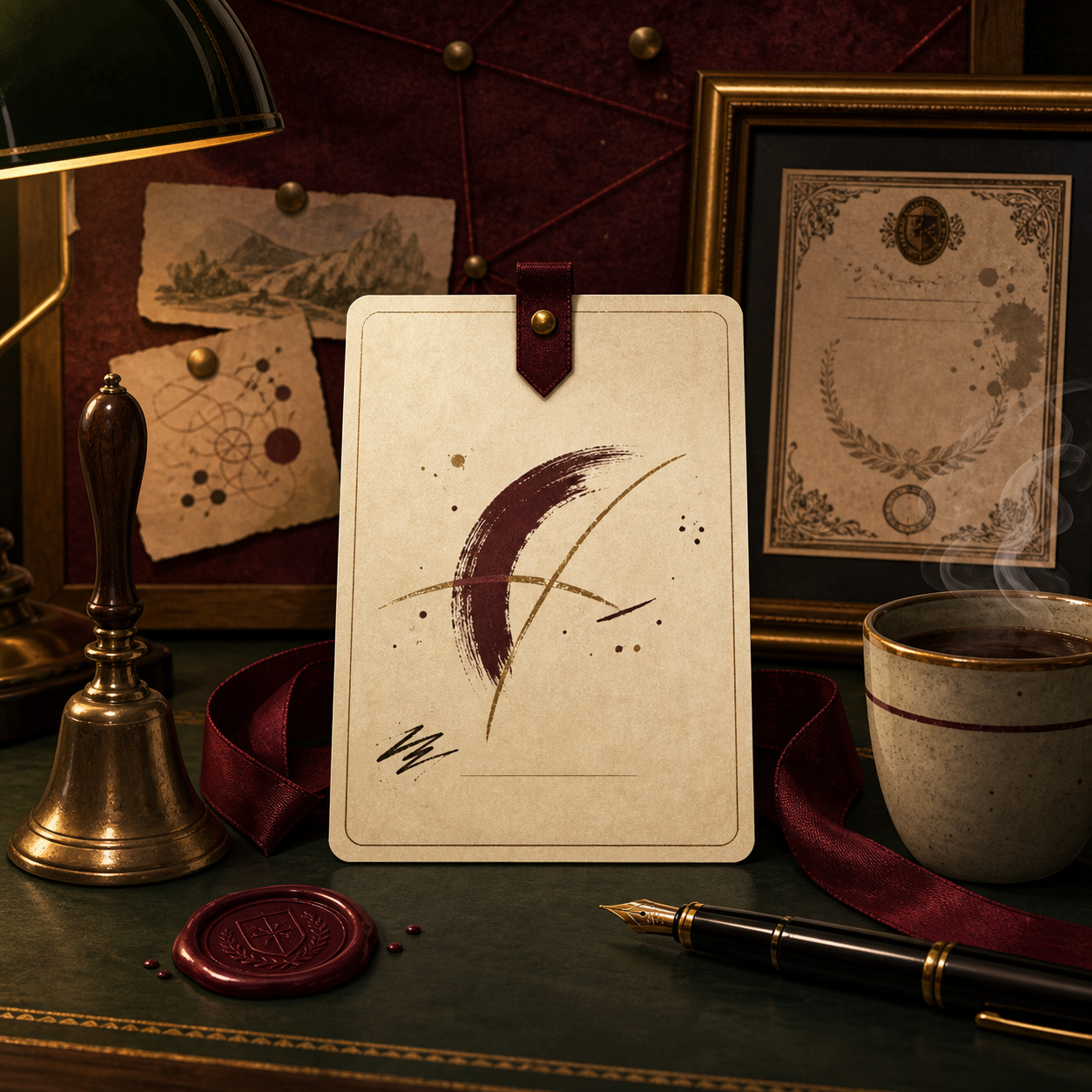 A warmly lit Academy study table with a challenge card, brass bell, burgundy ribbon, field notes, and framed certificate