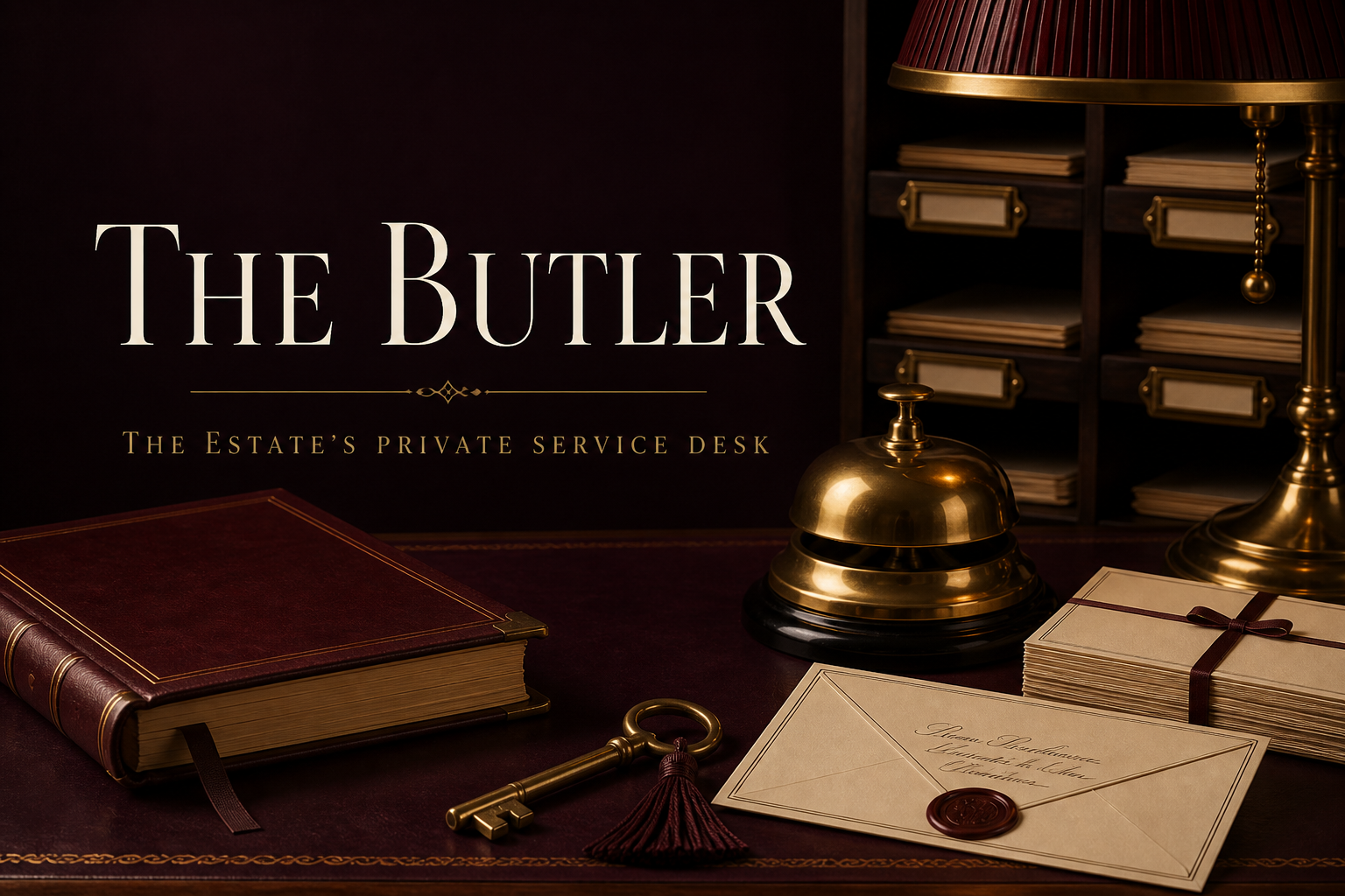 The Butler's burgundy service desk with a brass bell, dispatch book, room key, and correspondence
