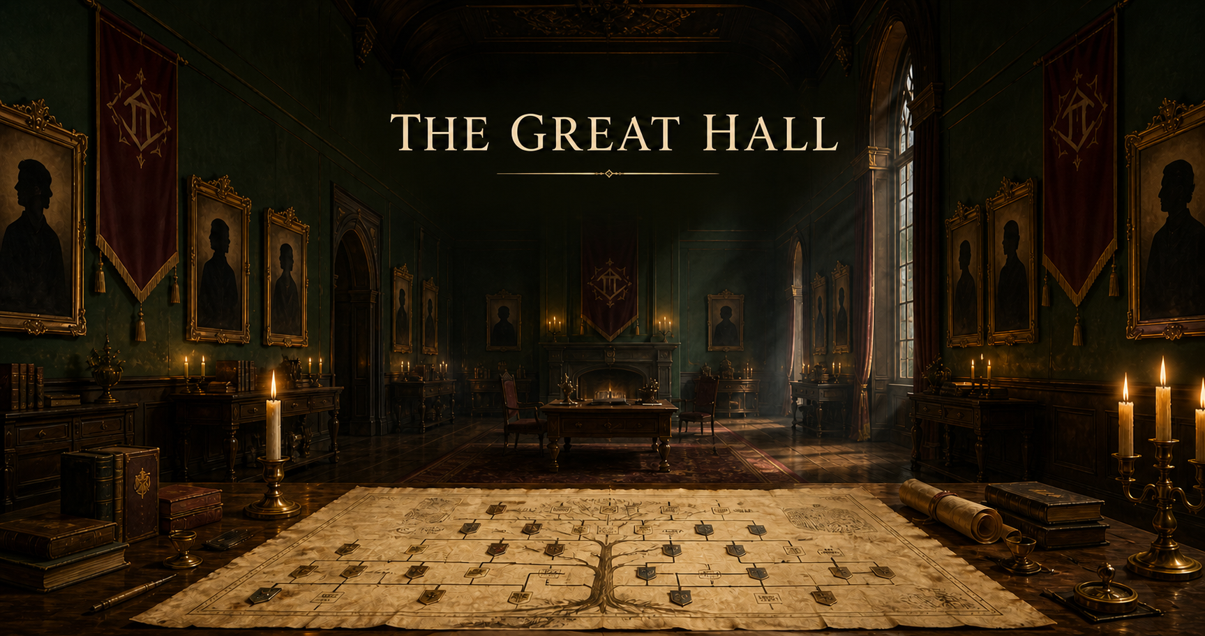 The Great Hall with portrait-lined green walls and a family tree spread across a map table