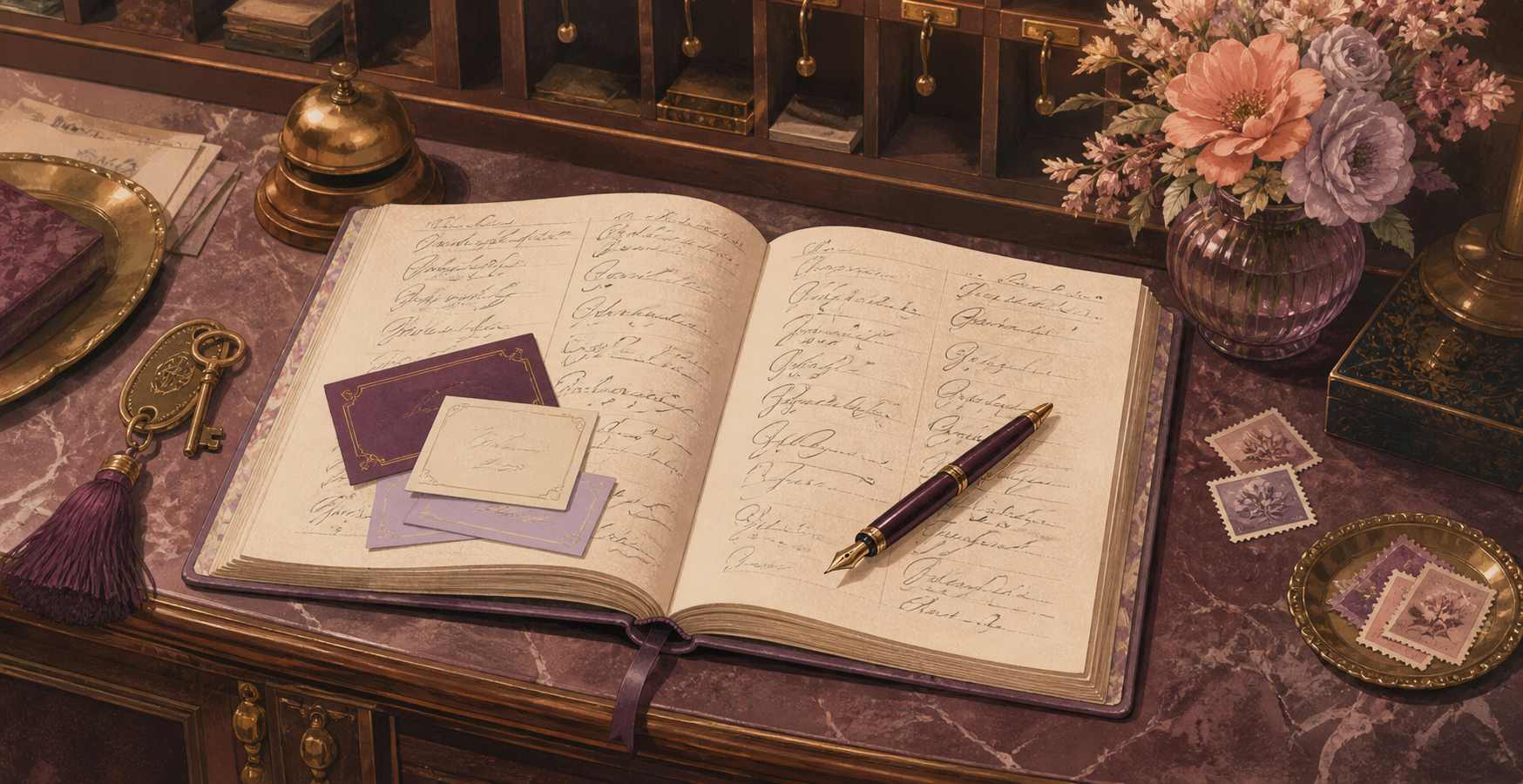 The Guestbook cover with an open marbled ledger, calling cards, flowers, a fountain pen, and a brass key