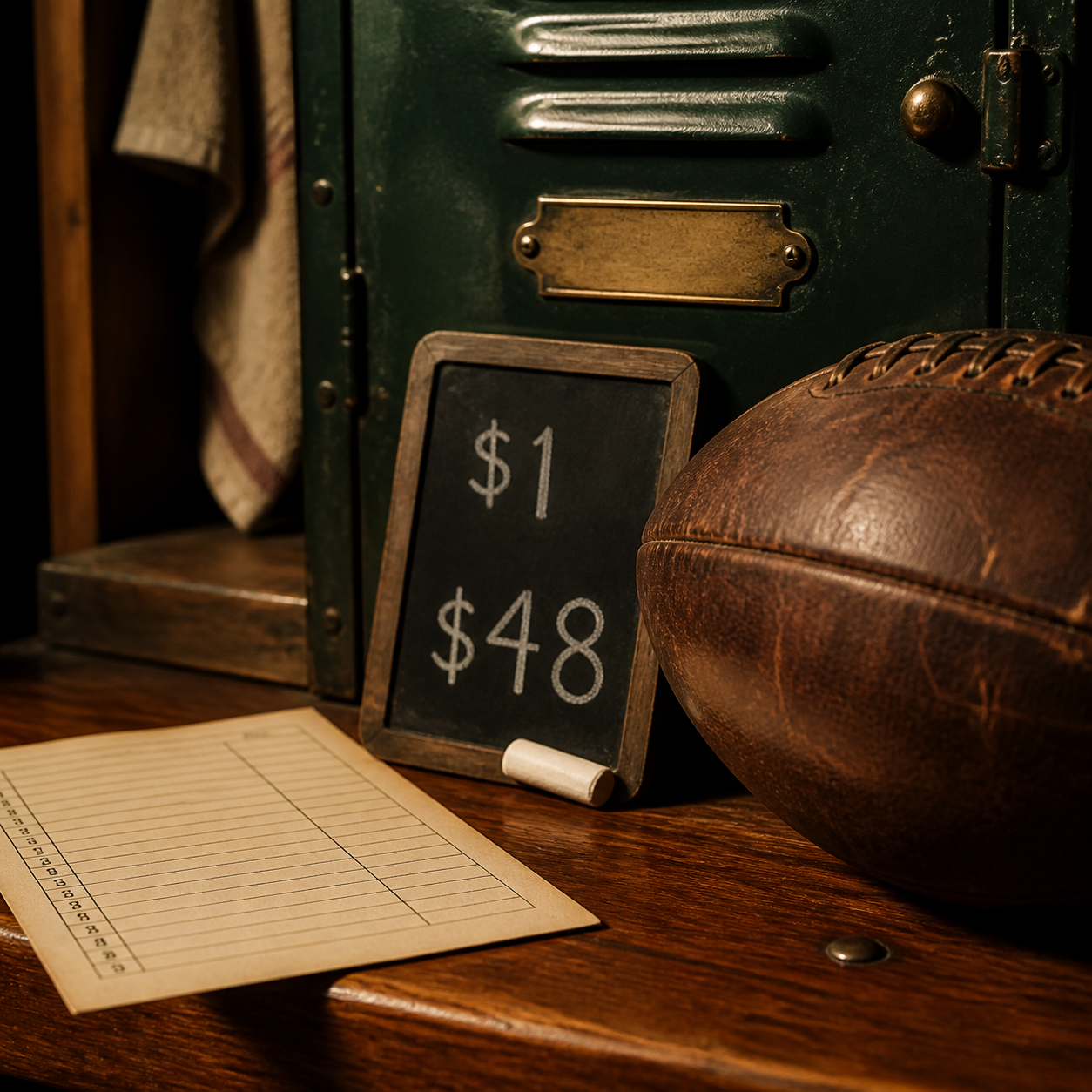 A leather football, chalk auction slate, and cream lineup card beside a dark green Estate locker