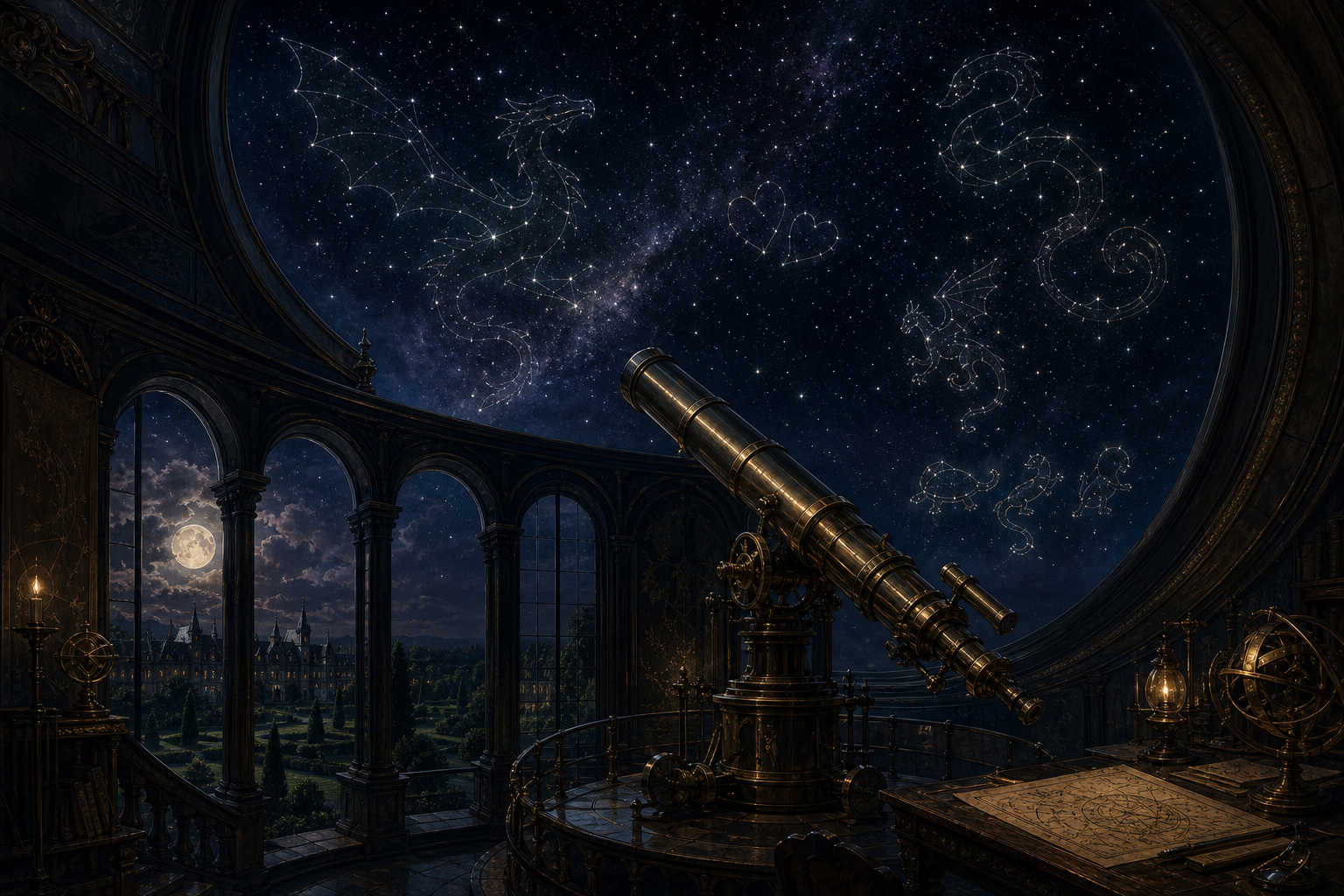 A moonlit Estate observatory with a brass telescope beneath subtle creature-like constellations